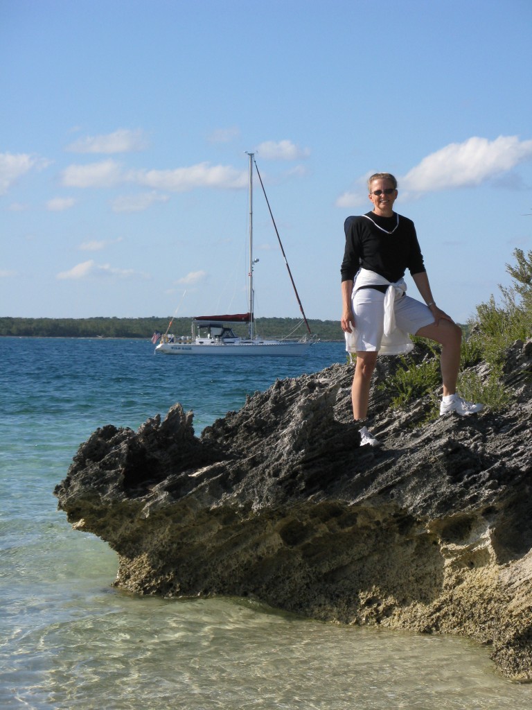 On another day, Wild Hair floats peacefully at a distance from pointed rocks on a Bahamian island.  Let the writer in you improve the telling of this hair-raising story.